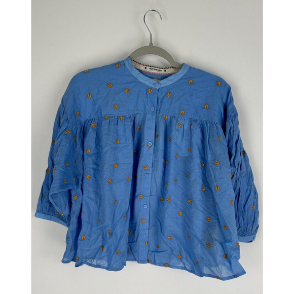 Scotch Soda Womens Blue Gathered 3/4 Sleeve Embroidered Top Size Medium NWT - Picture 4 of 11